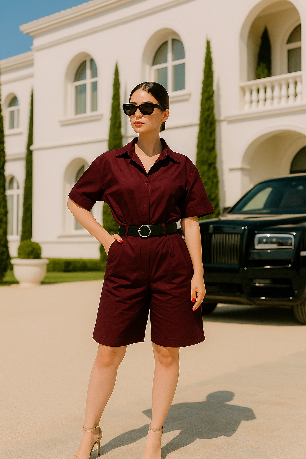 Urban Edge: Kemerli Şortlu Kadın Takım - Bordo