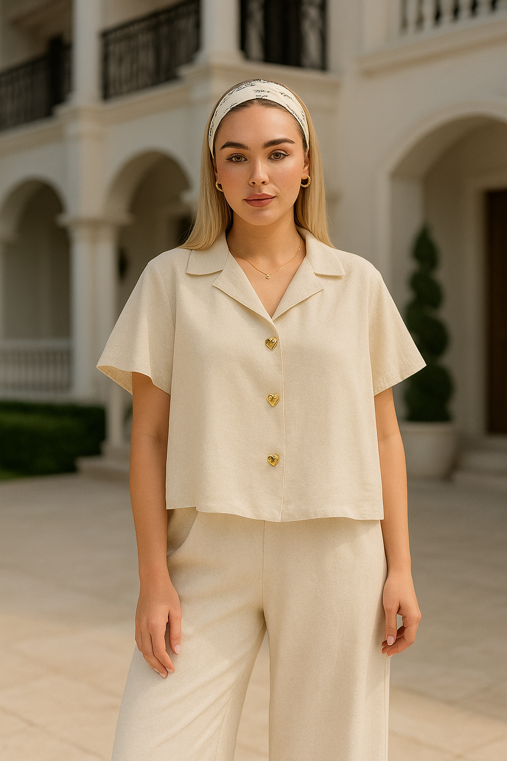 Noir Linen – Kısa Kollu Keten Bol Paça Takım - Beyaz